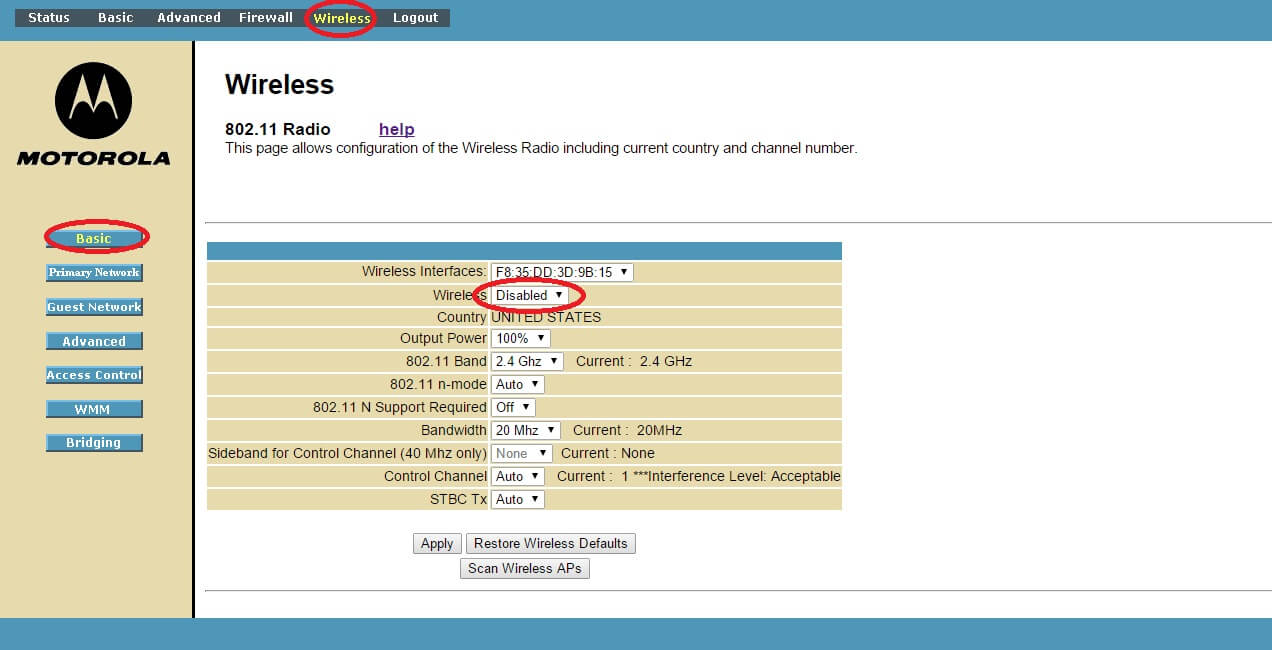 SBG6580 Disable Wifi